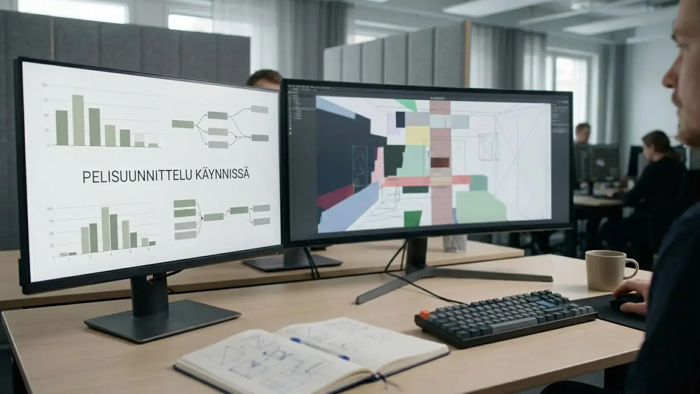 Pelisuunnittelua kuvaava työpöytä, jossa on tietokoneen abstrakti pelinäkymä, luonnoslehtiö ja laskentakaavio